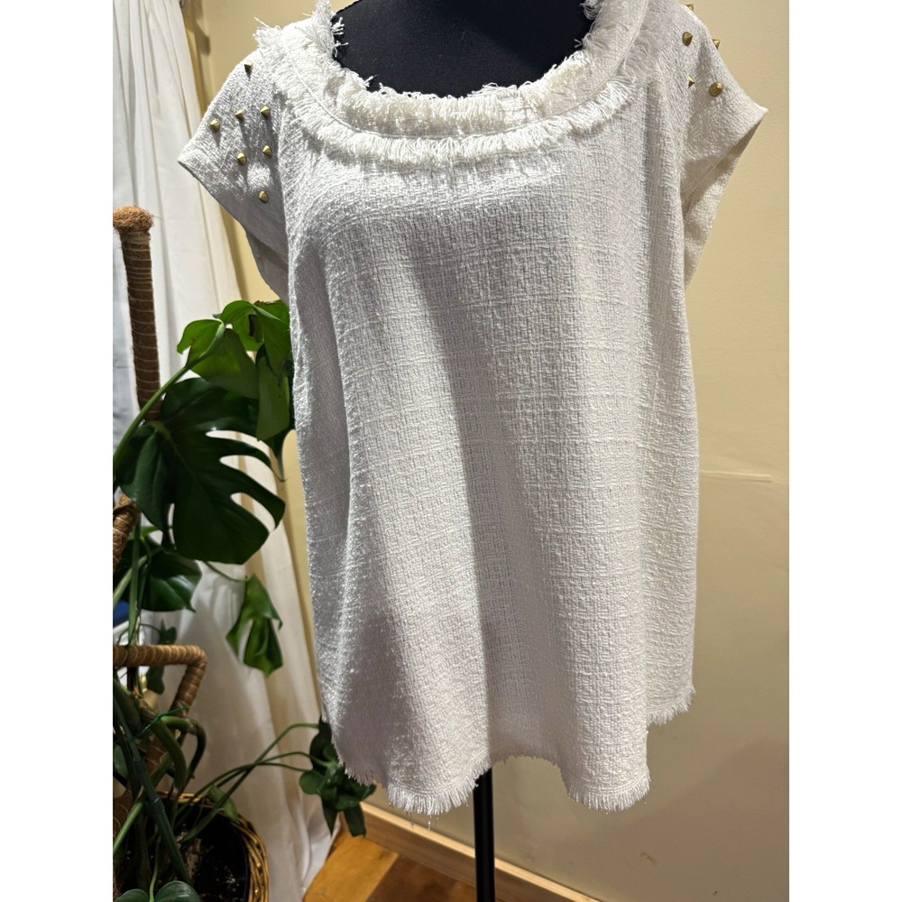 B.P. Collection Ivory Tweed Shift Dress Studded Fringe Scoop Neck Lined Sz L